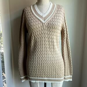 Liz Claiborne Preppy Cable Knit V-Neck Sweater – Beige – Size M